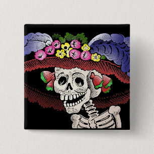 La Calavera Catrina in colour 15 Cm Square Badge