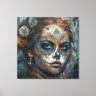 La Catrina Azul Dia de los Muertos Sugar Skull Canvas Print