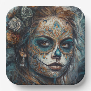 La Catrina Azul Dia de los Muertos Sugar Skull Paper Plate