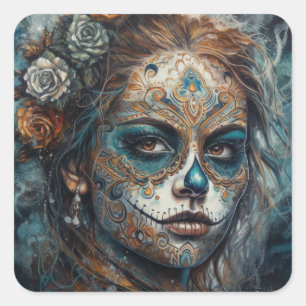 La Catrina Azul Dia de los Muertos Sugar Skull Square Sticker