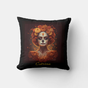 La Catrina Marigold Dia de los Muertos Sugar Skull Cushion