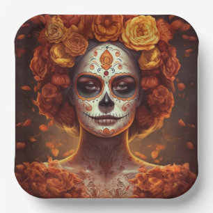 La Catrina Marigold Dia de los Muertos Sugar Skull Paper Plate