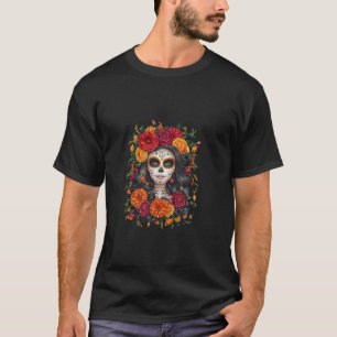 La Catrina Sugar Skull Flowers Design T Shirt