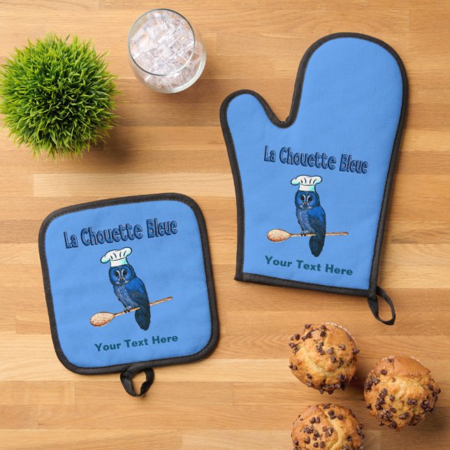 La Chouette Bleue Cafe Oven Mitt & Pot Holder Set (Top Down)