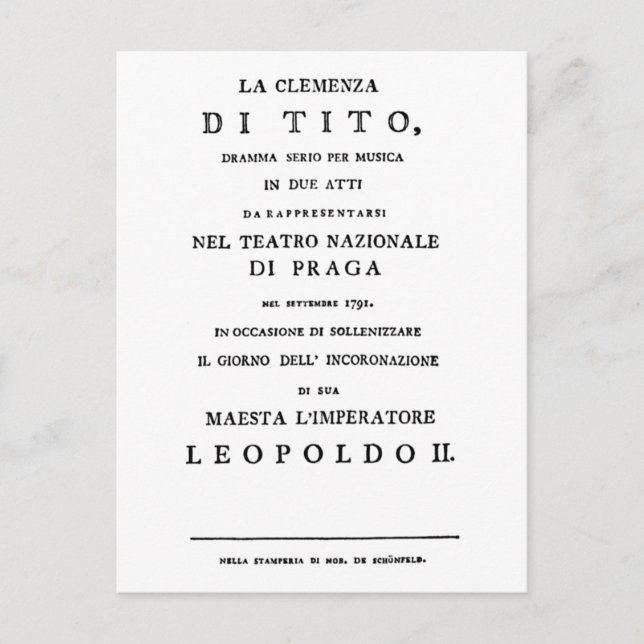 La Clemenza di Tito Libretto title page Postcard (Front)