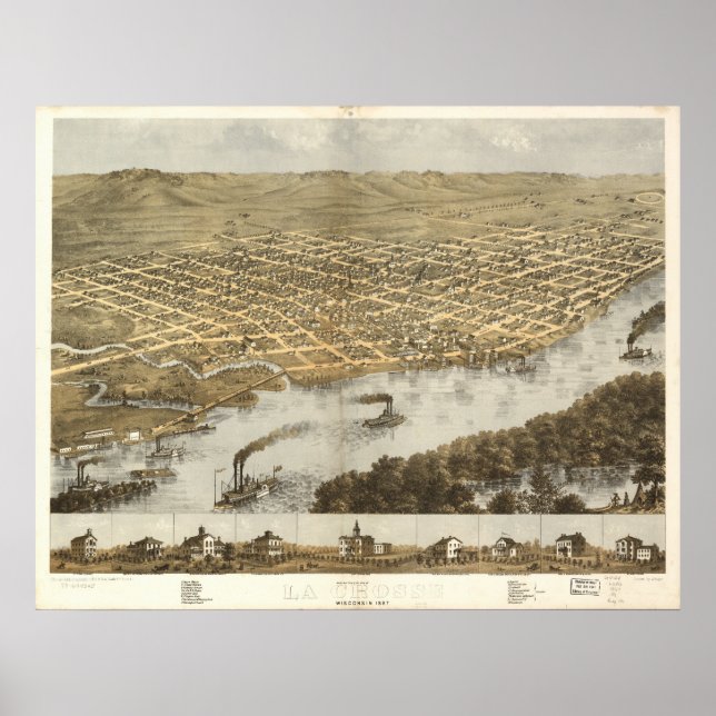 La Crosse WI 1867 Antique Panoramic Map Poster (Front)