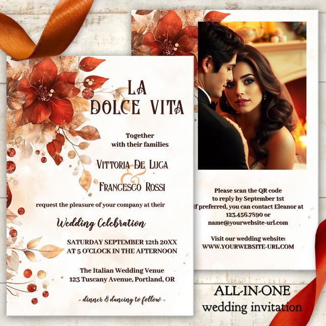 La Dolce Vita All-in-one Italian Red Wedding Invitation (La dolce vita all-in-one wedding invitation featuring watercolor flowers in Italian red and orange)