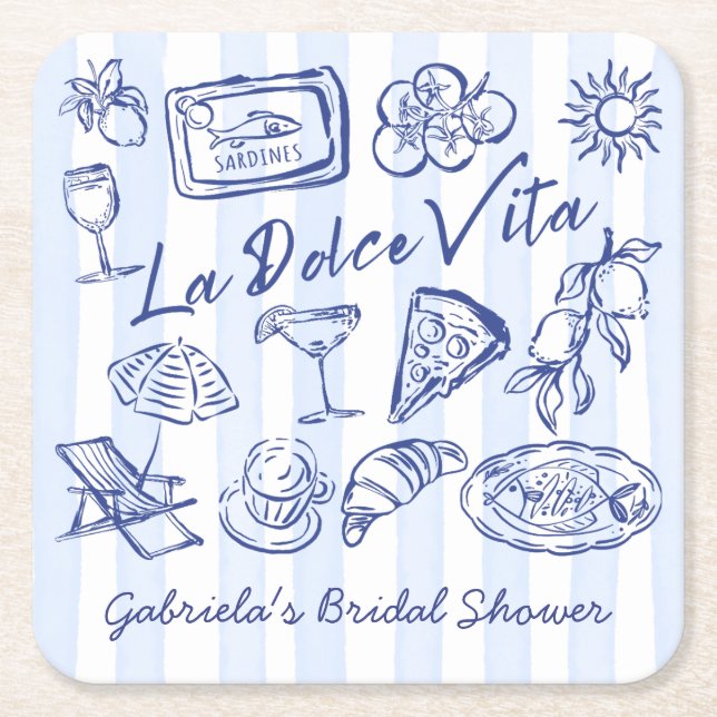 La dolce vita blue Italian bridal shower favors Square Paper Coaster (Front)