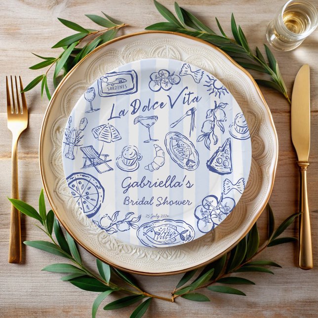 La dolce vita blue stripes Italian bridal shower Paper Plate (La dolce vita blue stripes hand drawn Italian bridal shower printed Paper Plates personalized decor)