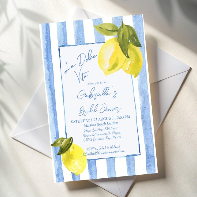 La Dolce Vita blue stripes lemons bridal shower Invitation (La Dolce Vita jandrawn blue stripes lemons retro Italian bridal shower Invitation cards template)