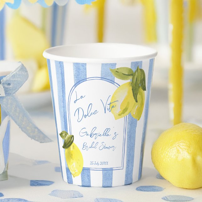 La Dolce Vita blue stripes lemons bridal shower Paper Cups (La Dolce Vita handrawn blue stripes lemons Italian bridal shower monogrammed personalized Paper Cups)