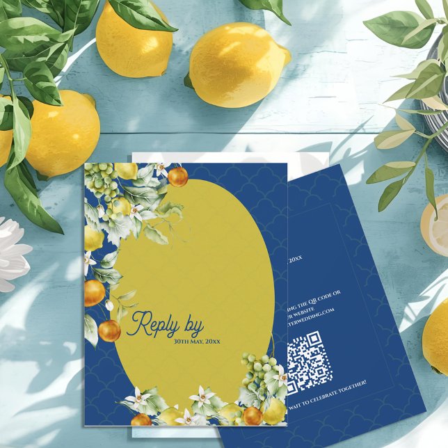 La Dolce Vita Citrus Blue Gold QR Code Wedding RSVP Card (La Dolce Vita Citrus Blue Gold QR Code Wedding RSVP Card)