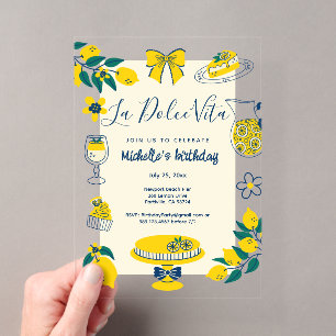 La Dolce Vita Doodles Yellow Lemon Birthday Party Acrylic Invitations
