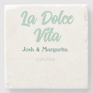 La Dolce Vita green blue pastel name date wedding Stone Coaster