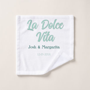La Dolce Vita green blue pastel name date wedding Wash Cloth