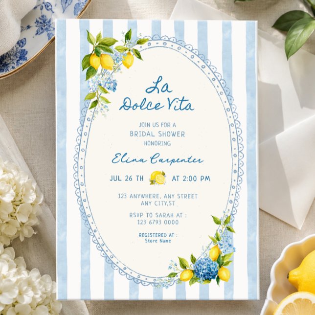 La dolce vita lemon blue hydrangea bridal shower  invitation (Creator Uploaded)