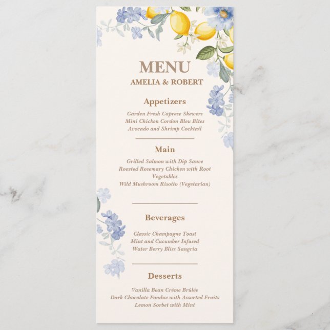 La Dolce Vita Lemon italian citrus wedding Menu (Front)