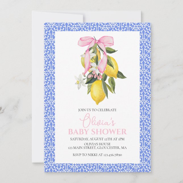 La Dolce Vita Lemon Pink Bow Baby Shower Invitation (Front)