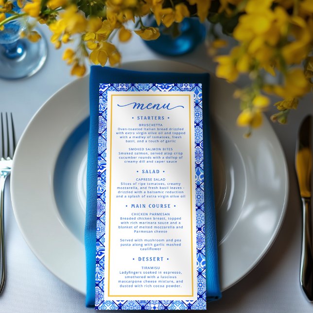 La Dolce Vita Mediterranean Bridal Shower Menu (Shown on a 4" x 9" menu card)