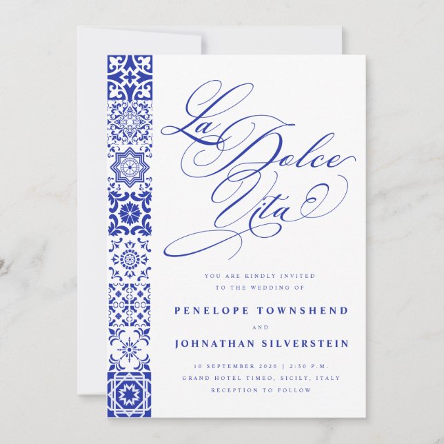 La Dolce Vita Script Blue White Tiles Wedding Invitation (Front)