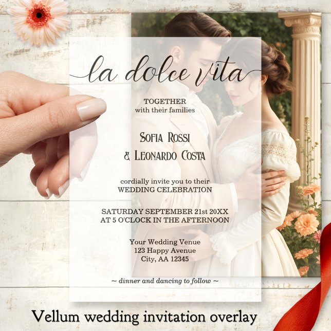 La Dolce Vita Script Elegant Italian Wedding Vellum Invitations (Elegant vellum wedding invitation overlay featuring an Italian "la dolce vita" script)