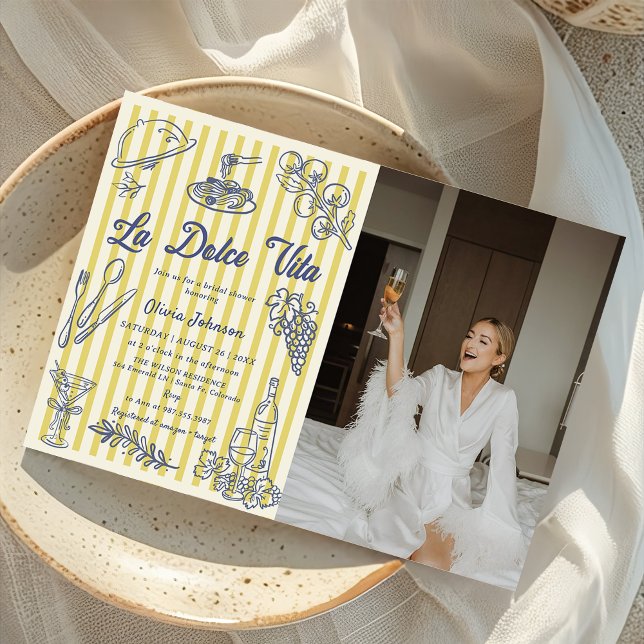 La Dolce Vita Yellow Stripes Italian Bridal Shower Invitation (Creator Uploaded)