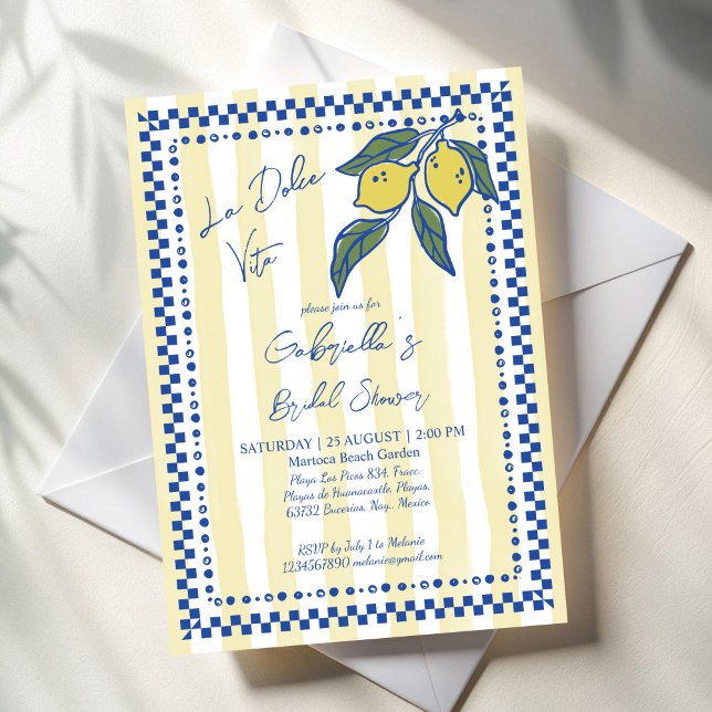 La Dolce Vita yellow stripes lemons bridal shower Invitation (La Dolce Vita retro yellow stripes hand drawn lemons Italian bridal shower Invitation cards template)