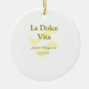 La Dolce Vita yellow wedding couple Name date glit Ceramic Tree Decoration