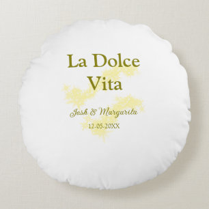 La Dolce Vita yellow wedding couple Name date glit Round Cushion