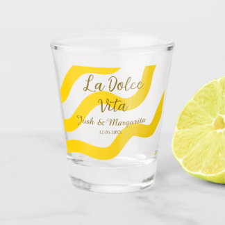 La Dolce Vita yellow wedding couple Name date glit Shot Glass