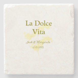 La Dolce Vita yellow wedding couple Name date glit Stone Coaster