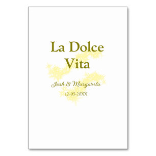 La Dolce Vita yellow wedding couple Name date glit Table Number