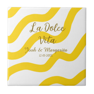 La Dolce Vita yellow wedding couple Name date glit Tile