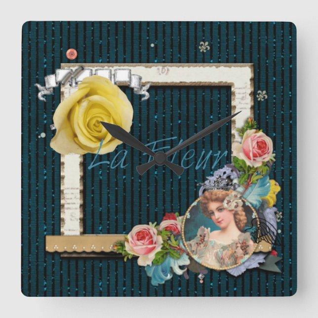 La Fleur Vintage Lady Frame Glitter Stripes Clock (Front)
