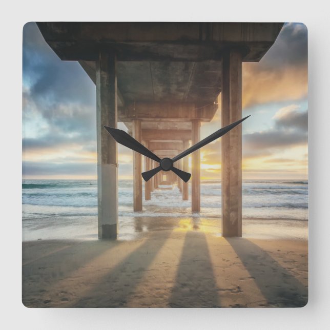 La Jolla, Scripps'S Pier At Sunset | San Diego Square Wall Clock (Front)