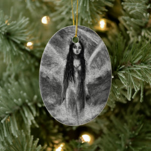 La Luna Dark Angel Fairy Goth Woman Original Art Ceramic Tree Decoration