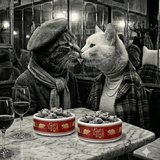 La Souris d'Or_Ruby Enamel Personalised Cat Bowl  (Kisses and Mice are very nice.)