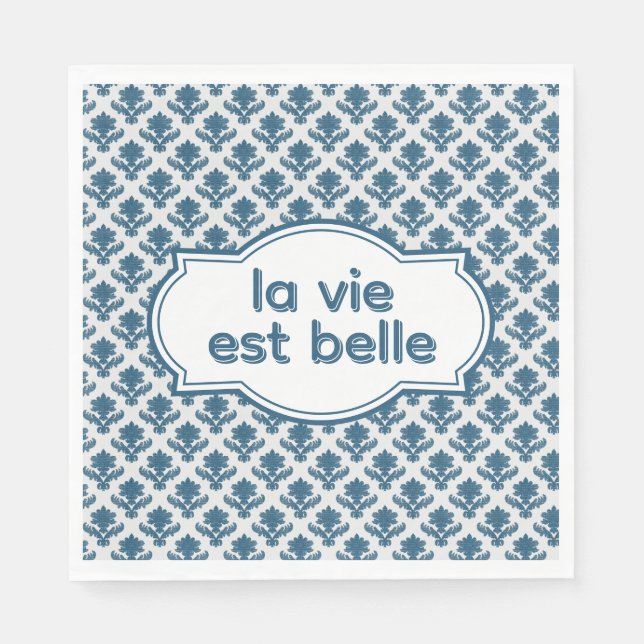 La Vie Es Belle Elegant French Tapestry Blue White Napkin (Front)