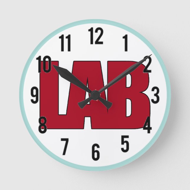 LAB - BIG RED BOLD MEDICAL LABORATORY LOGO ROUND CLOCK (Front)