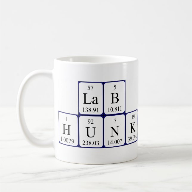 Lab Hunk periodic table name mug (Left)