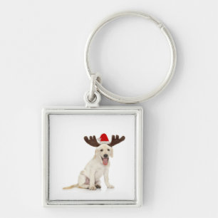 Lab Puppy Wearing Antlers Key Ring