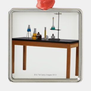 Lab table with chemicals metal tree decoration