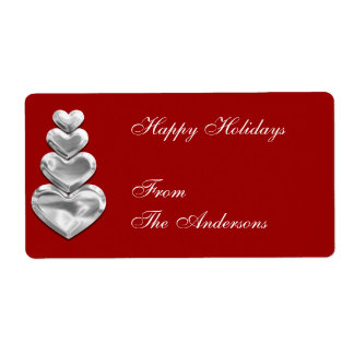 Label Gift Sticker Silver Hearts on Red