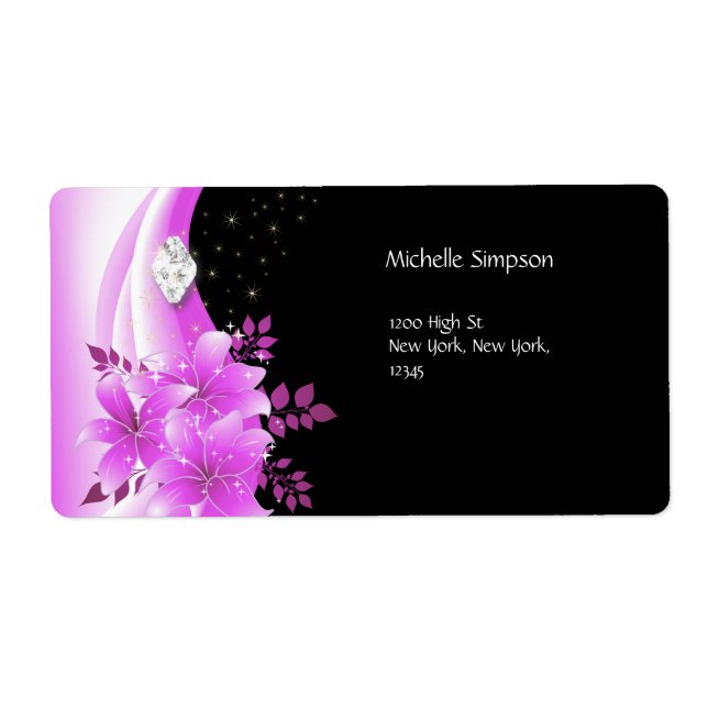 Label Pink Black Floral Diamond Jewel Address (Front)