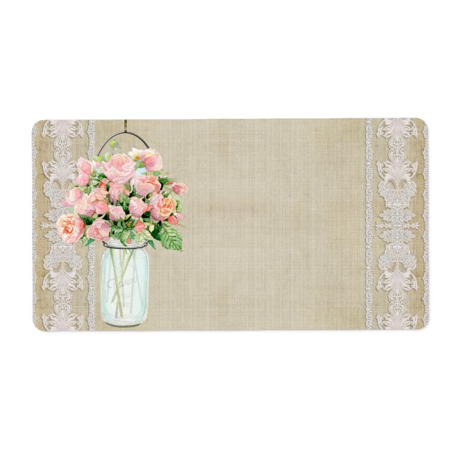 Labels Rustic Country Mason Jar Blush Pink Roses (Front)