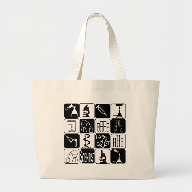 LABORATORY SCIENTIST SYMBOLS AND TOOLS LARGE TOTE BAG (Front)