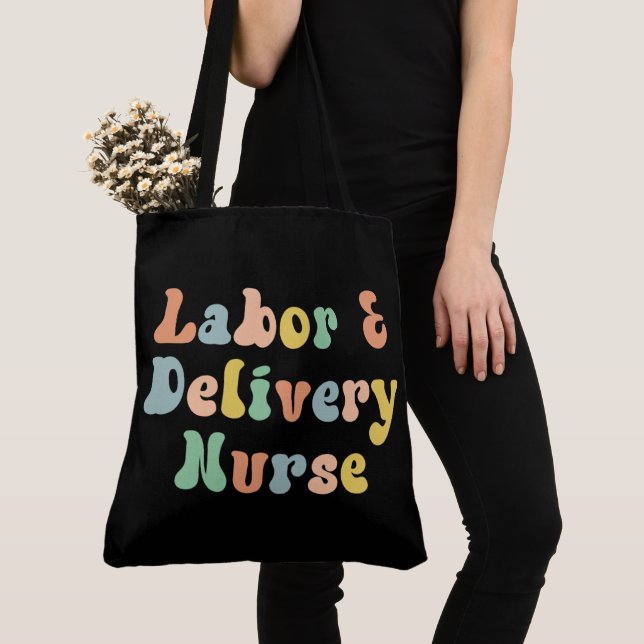 Labour and Delivery Nurse Groovy Retro Tote Bag (Close Up)
