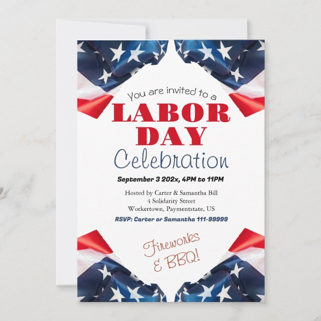 Labour Day BBQ Party Worker Patriotic American fla Invitation (Front)