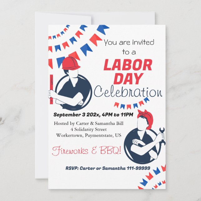 Labour Day BBQ Party Worker Patriotic Summer Invitation (Front)