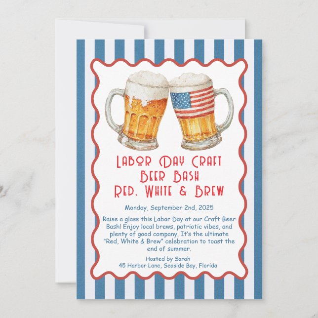 Labour Day Craft Beer Bash – Red, White, brew Invitation (Front)